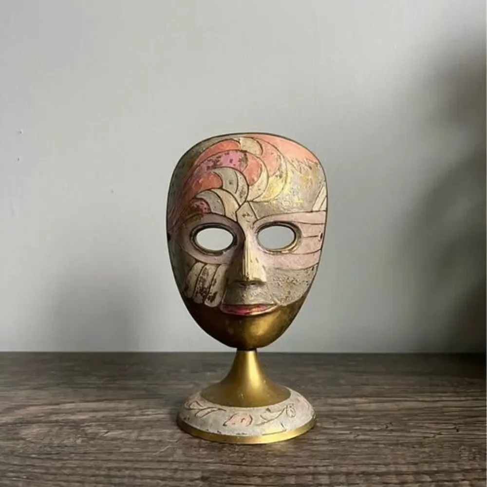 Vintage Multi-colored Painted Brass Standing Mask